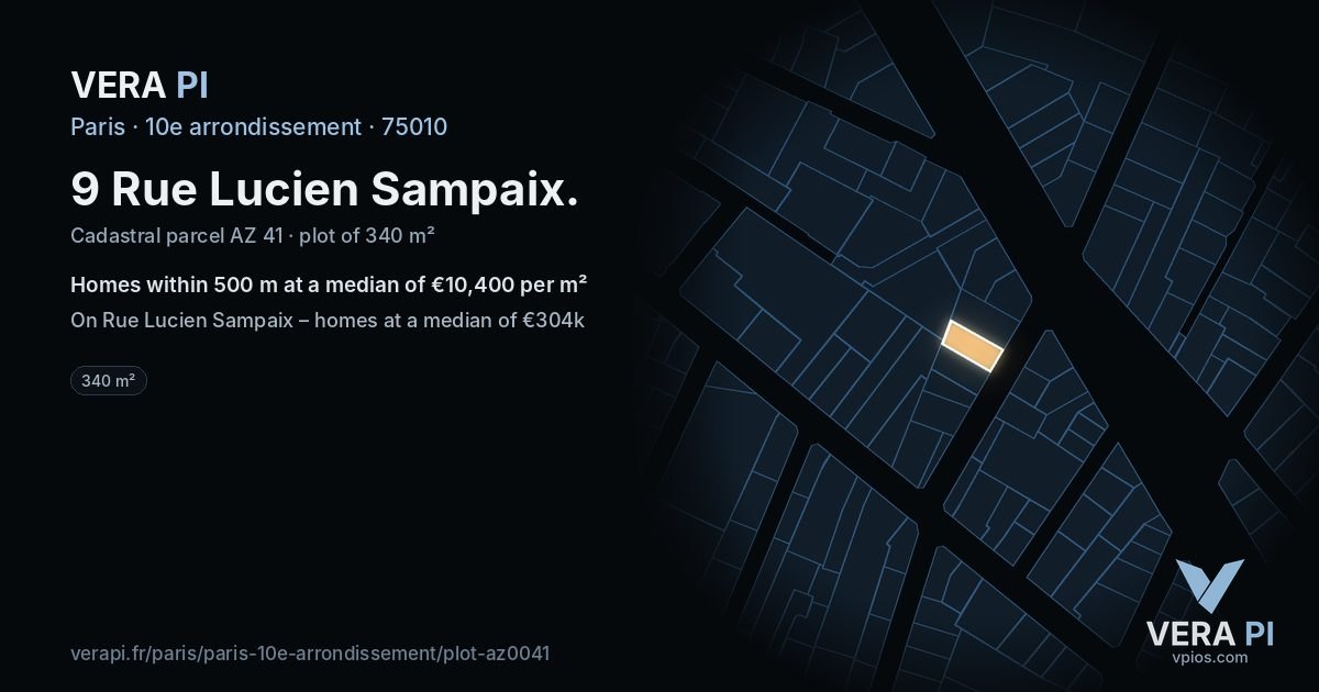 9 Rue Lucien Sampaix, 10e arrondissement at night – the plot lit, the parcels around coloured by the prices near them