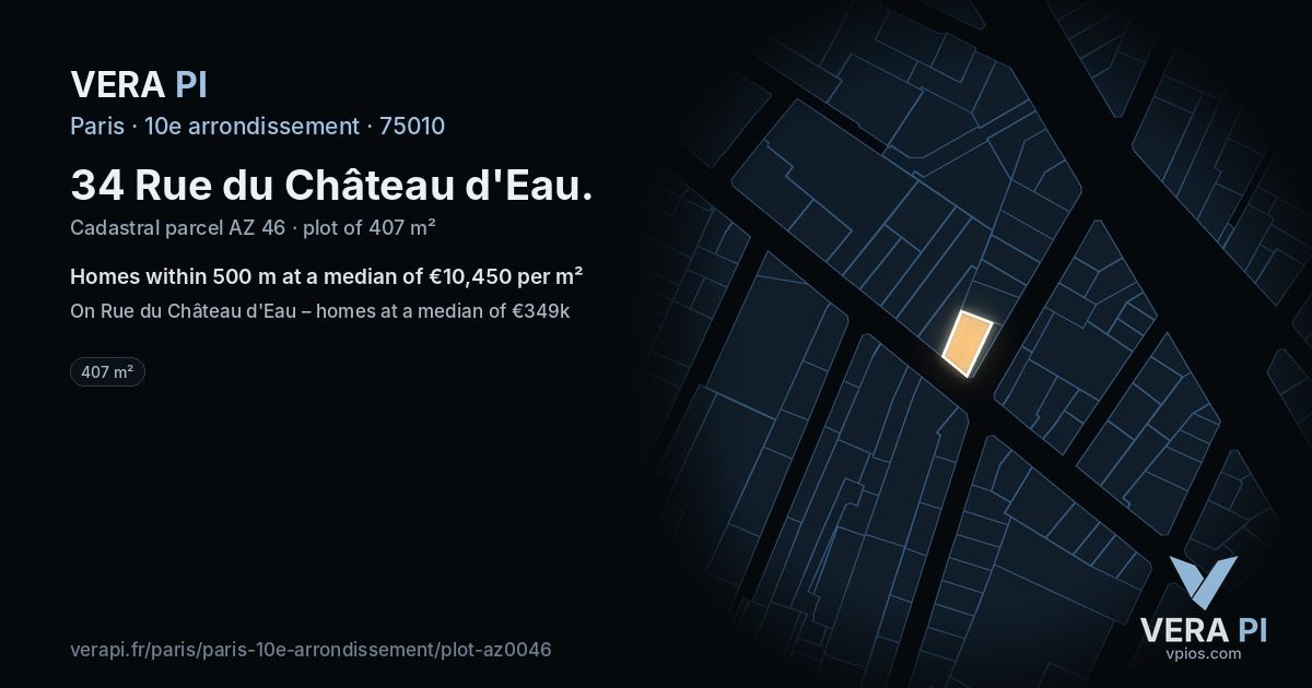34 Rue du Château d'Eau, 10e arrondissement at night – the plot lit, the parcels around coloured by the prices near them