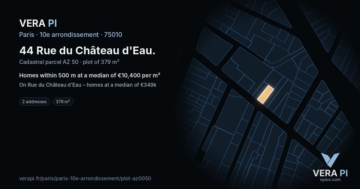 44 Rue du Château d'Eau, 10e arrondissement at night – the plot lit, the parcels around coloured by the prices near them