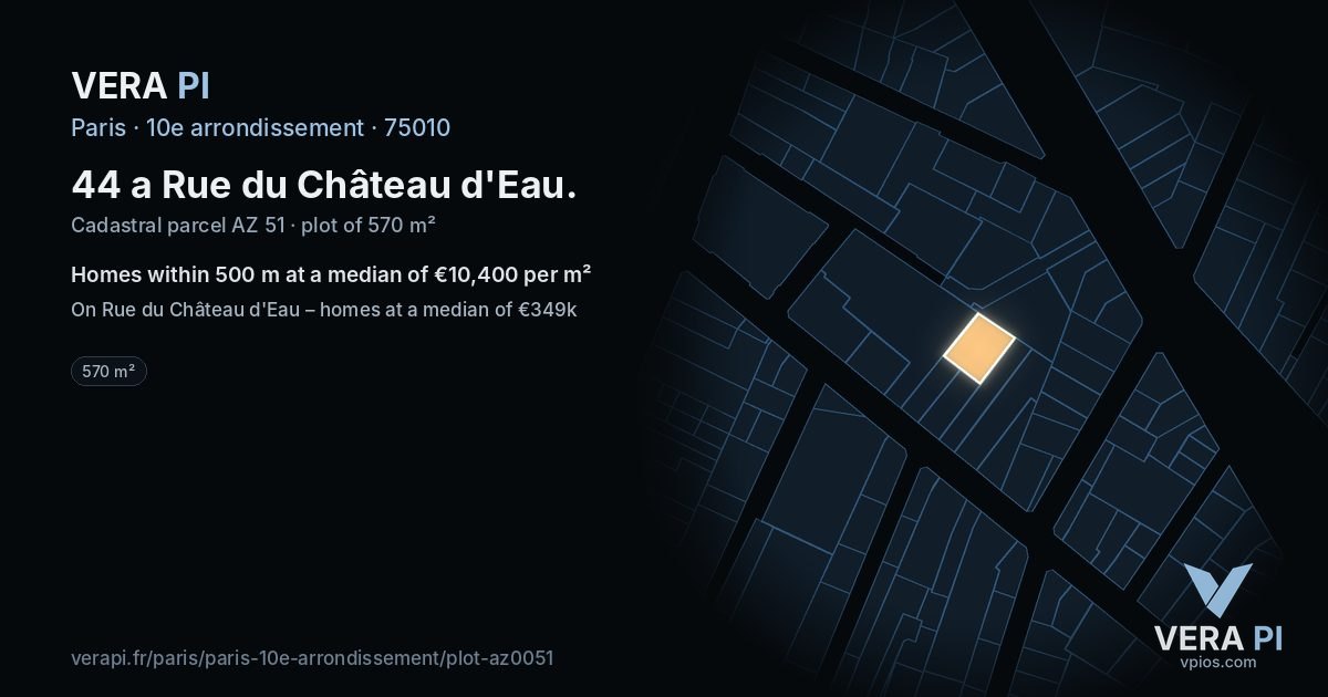 44 a Rue du Château d'Eau, 10e arrondissement at night – the plot lit, the parcels around coloured by the prices near them