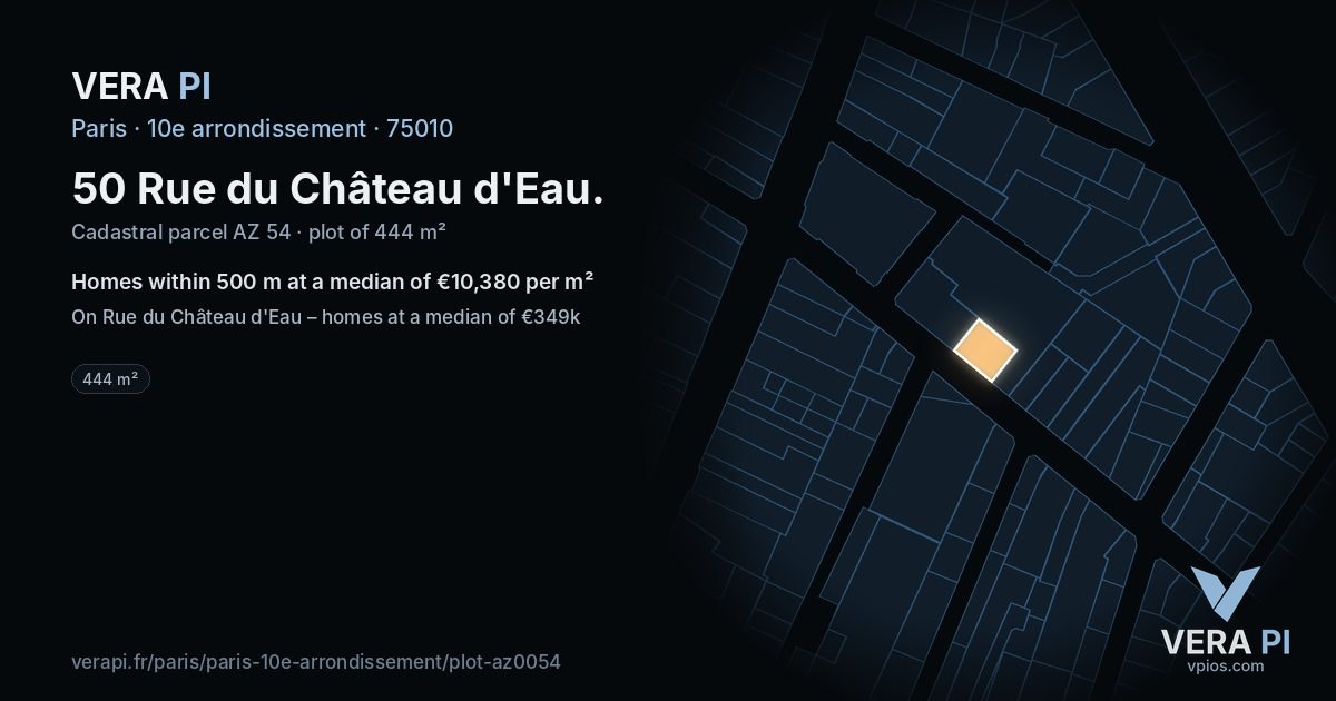 50 Rue du Château d'Eau, 10e arrondissement at night – the plot lit, the parcels around coloured by the prices near them