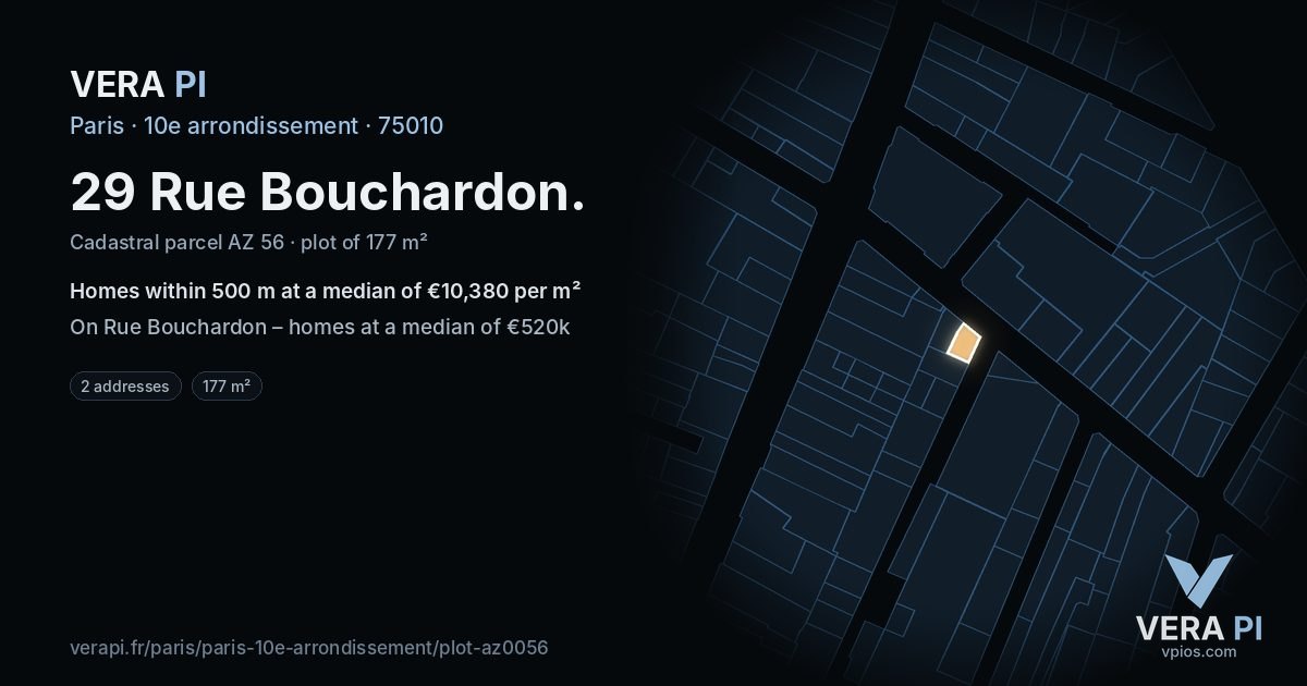 29 Rue Bouchardon, 10e arrondissement at night – the plot lit, the parcels around coloured by the prices near them
