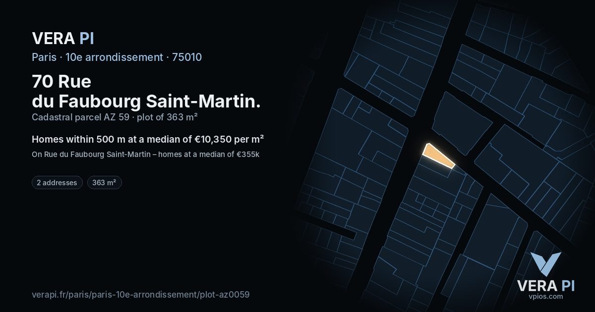 70 Rue du Faubourg Saint-Martin, 10e arrondissement at night – the plot lit, the parcels around coloured by the prices near them
