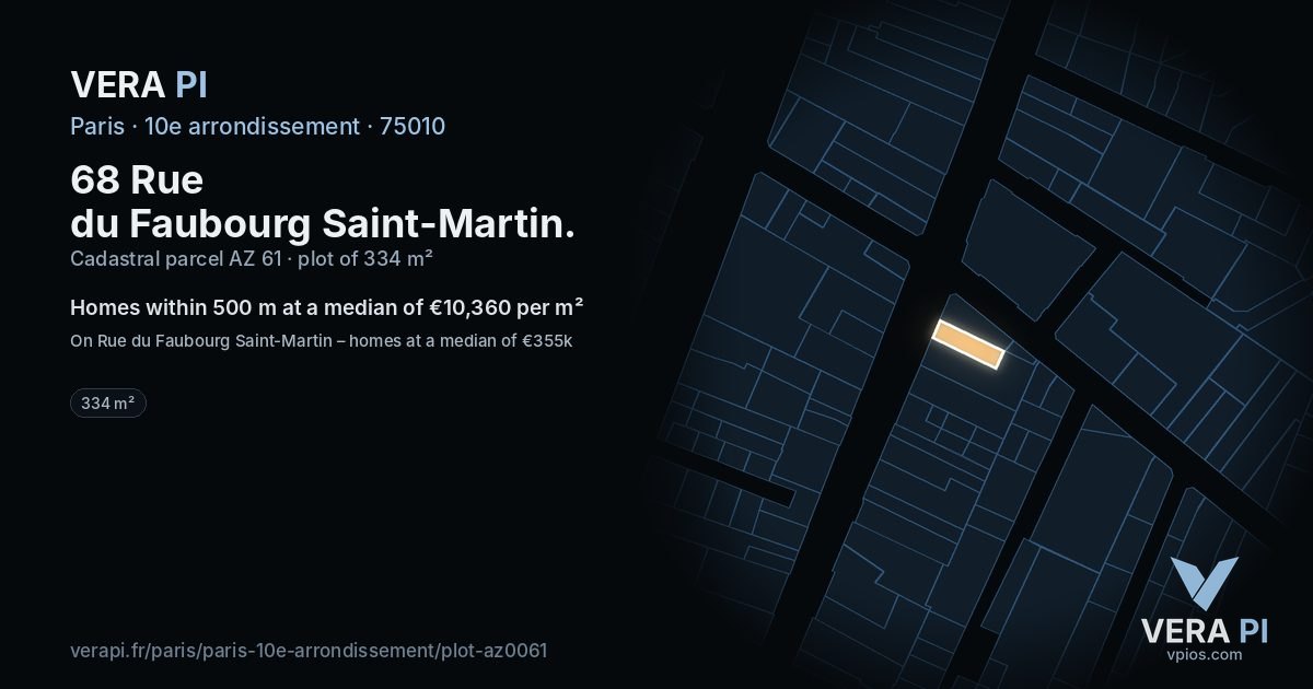 68 Rue du Faubourg Saint-Martin, 10e arrondissement at night – the plot lit, the parcels around coloured by the prices near them