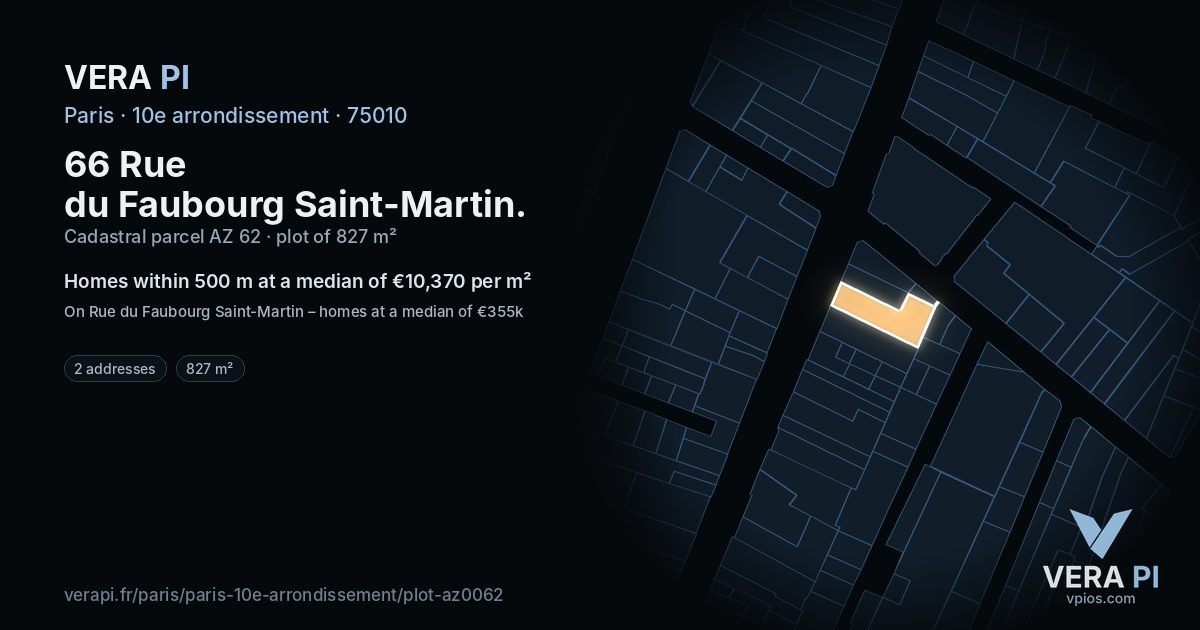 66 Rue du Faubourg Saint-Martin, 10e arrondissement at night – the plot lit, the parcels around coloured by the prices near them