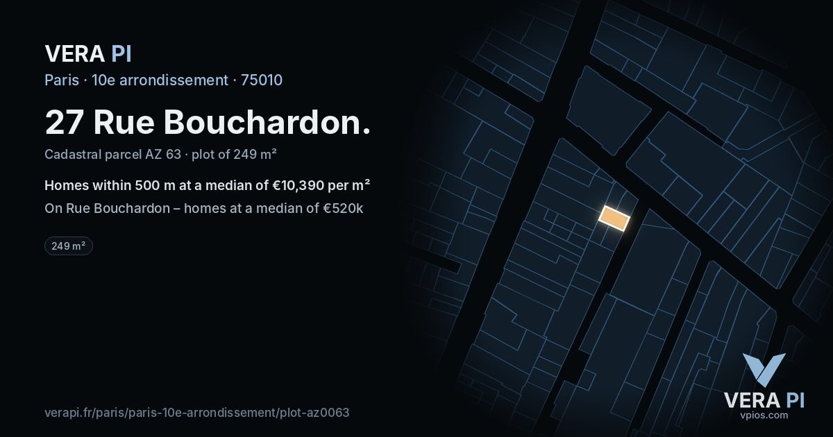 27 Rue Bouchardon, 10e arrondissement at night – the plot lit, the parcels around coloured by the prices near them