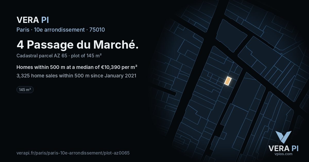 4 Passage du Marché, 10e arrondissement at night – the plot lit, the parcels around coloured by the prices near them