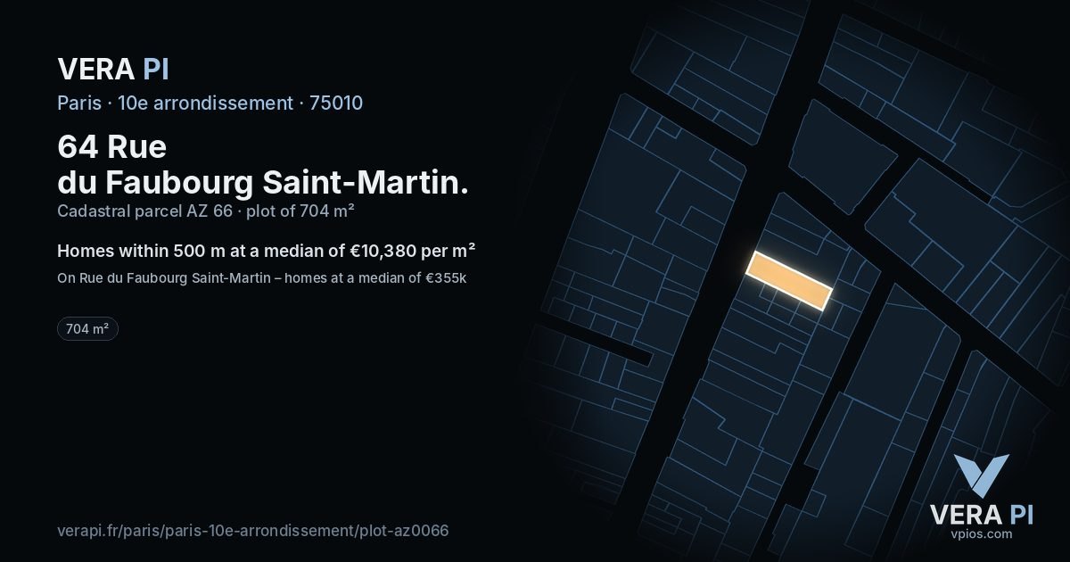 64 Rue du Faubourg Saint-Martin, 10e arrondissement at night – the plot lit, the parcels around coloured by the prices near them