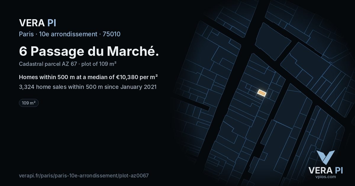 6 Passage du Marché, 10e arrondissement at night – the plot lit, the parcels around coloured by the prices near them