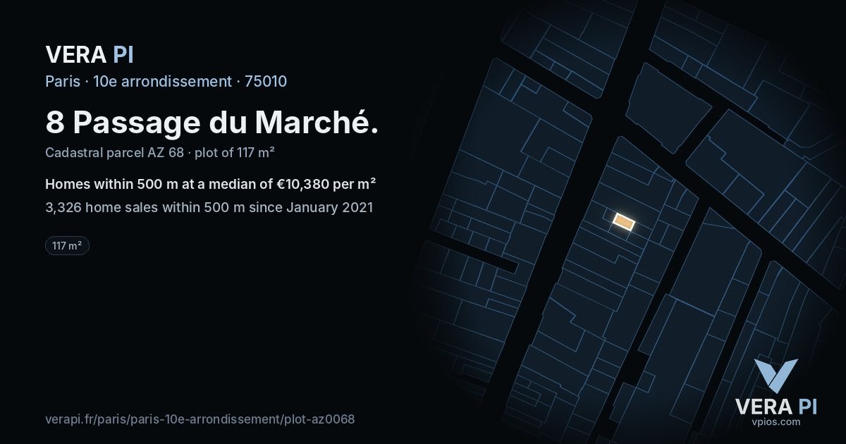 8 Passage du Marché, 10e arrondissement at night – the plot lit, the parcels around coloured by the prices near them