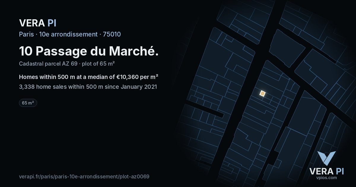 10 Passage du Marché, 10e arrondissement at night – the plot lit, the parcels around coloured by the prices near them
