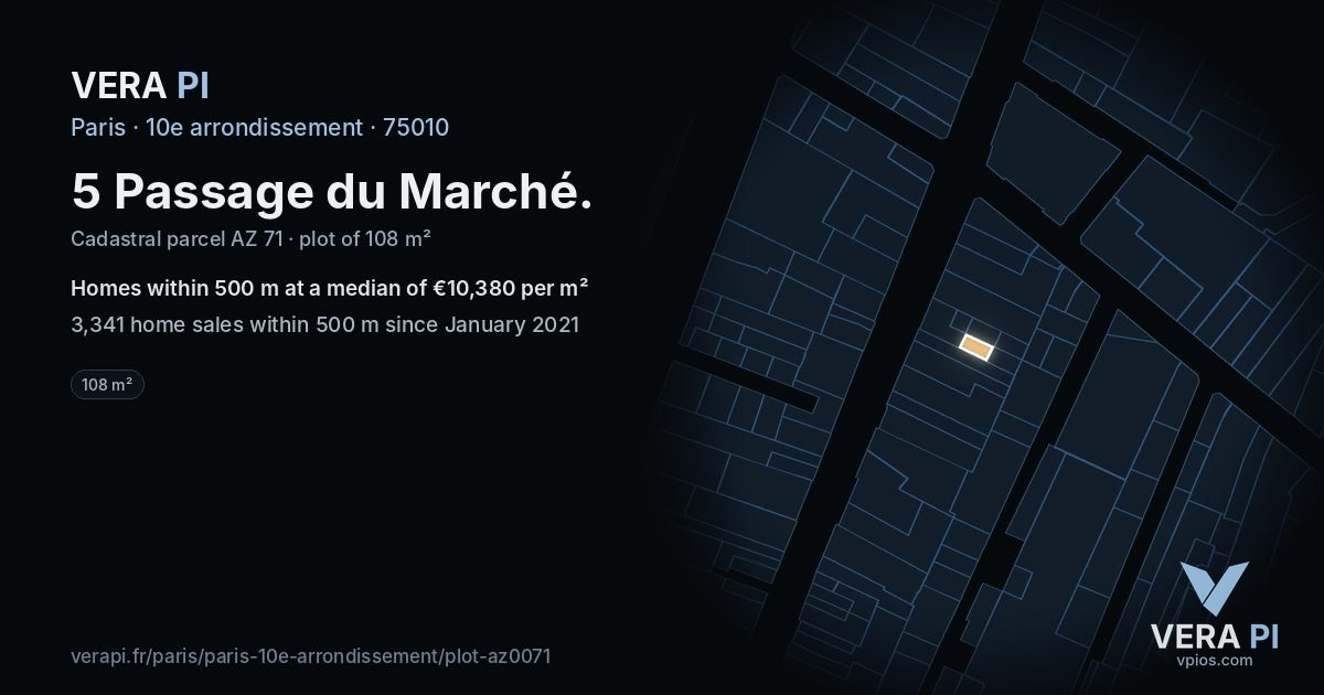 5 Passage du Marché, 10e arrondissement at night – the plot lit, the parcels around coloured by the prices near them