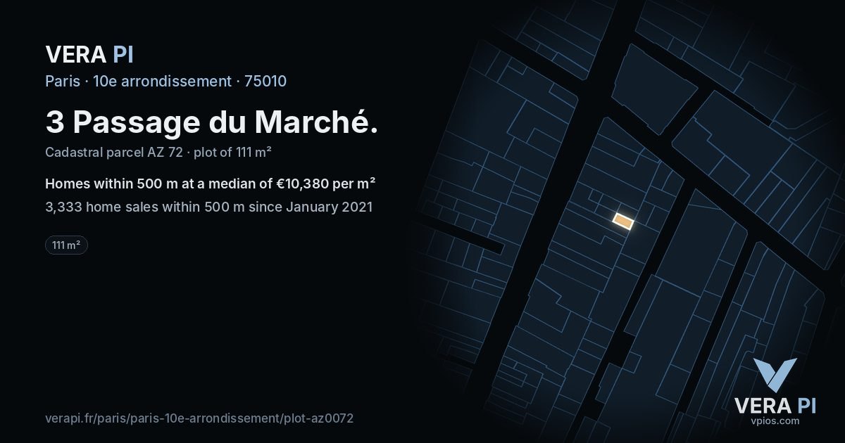 3 Passage du Marché, 10e arrondissement at night – the plot lit, the parcels around coloured by the prices near them