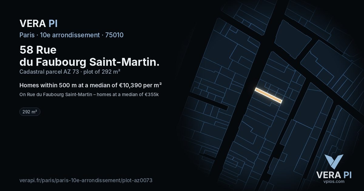 58 Rue du Faubourg Saint-Martin, 10e arrondissement at night – the plot lit, the parcels around coloured by the prices near them
