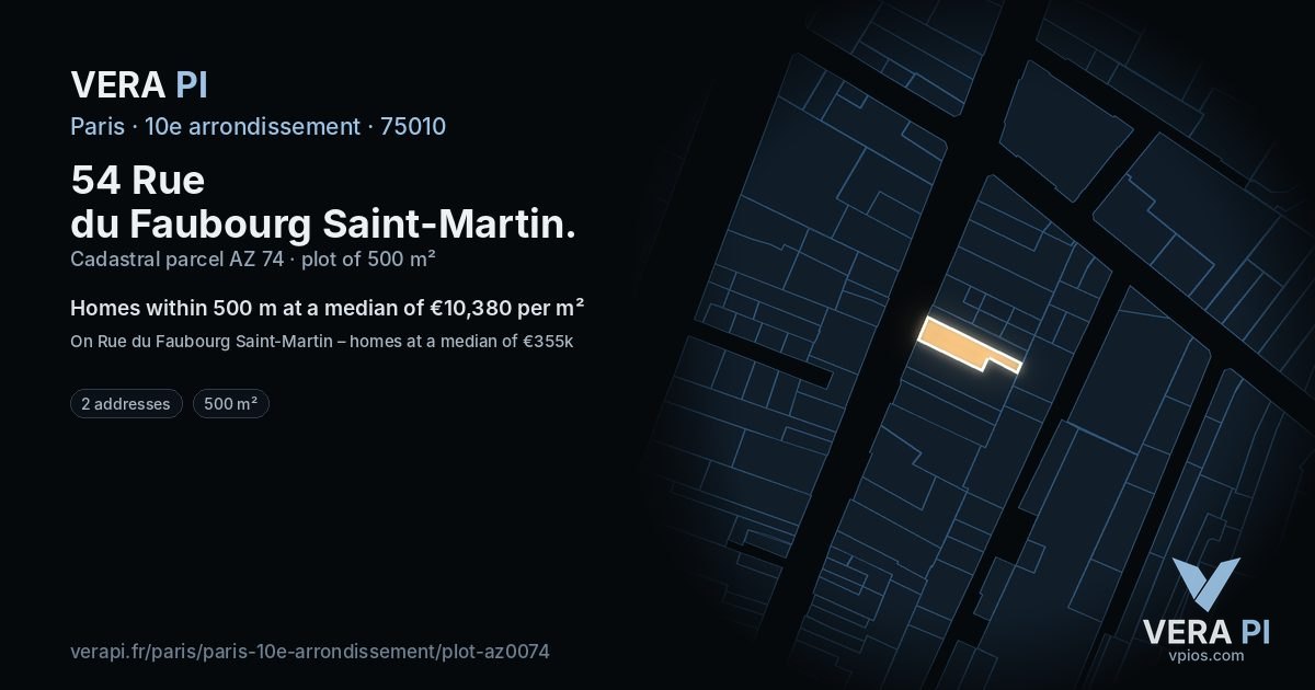54 Rue du Faubourg Saint-Martin, 10e arrondissement at night – the plot lit, the parcels around coloured by the prices near them