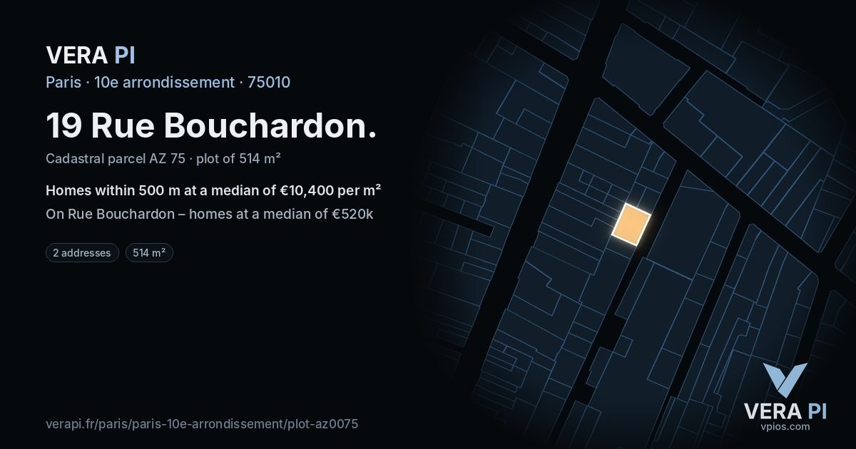 19 Rue Bouchardon, 10e arrondissement at night – the plot lit, the parcels around coloured by the prices near them