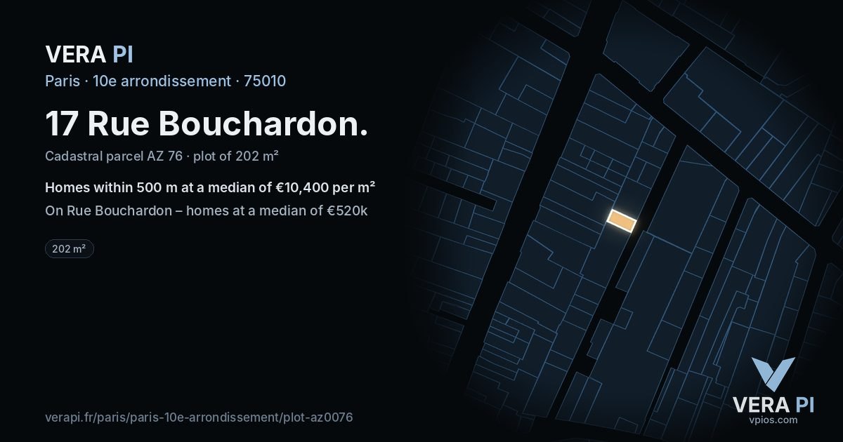 17 Rue Bouchardon, 10e arrondissement at night – the plot lit, the parcels around coloured by the prices near them
