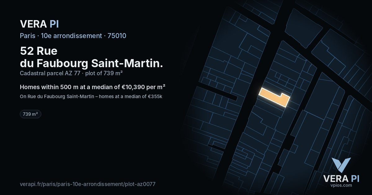 52 Rue du Faubourg Saint-Martin, 10e arrondissement at night – the plot lit, the parcels around coloured by the prices near them
