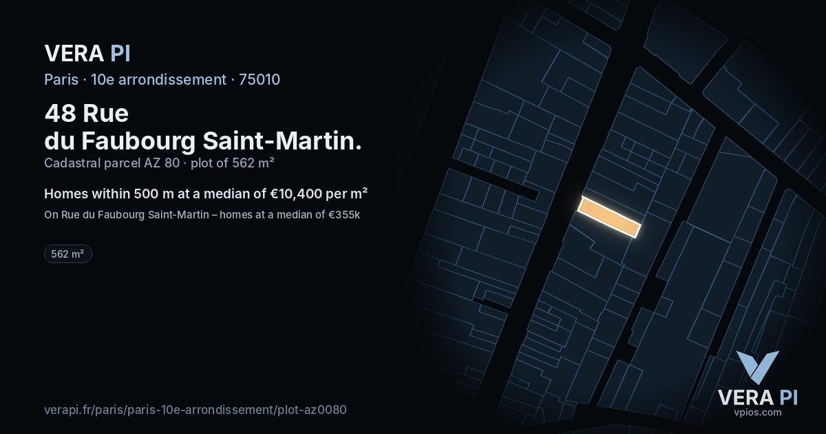 48 Rue du Faubourg Saint-Martin, 10e arrondissement at night – the plot lit, the parcels around coloured by the prices near them