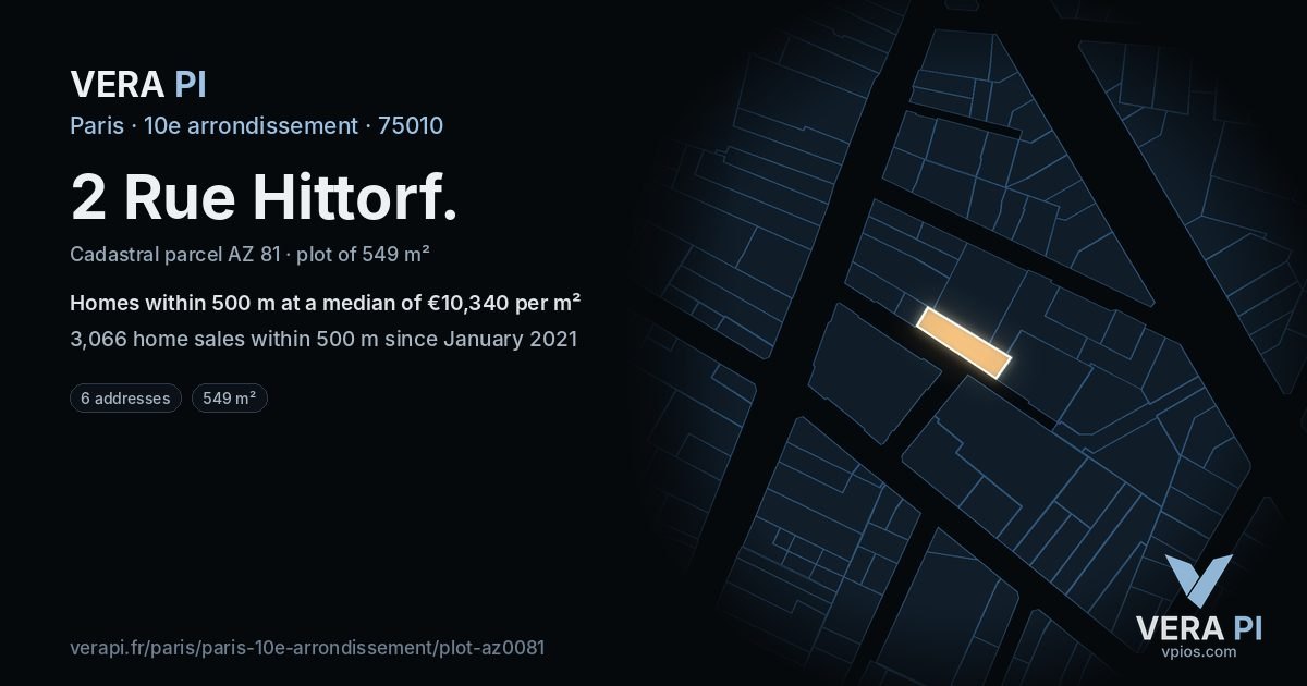 2 Rue Hittorf, 10e arrondissement at night – the plot lit, the parcels around coloured by the prices near them
