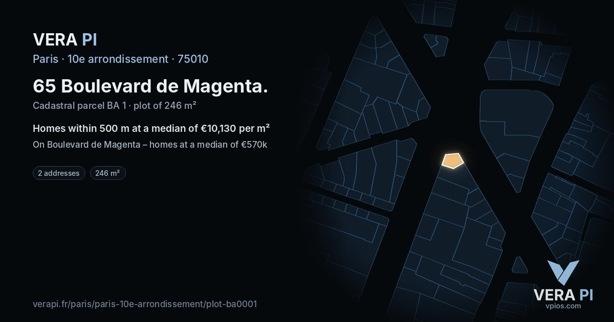 65 Boulevard de Magenta, 10e arrondissement at night – the plot lit, the parcels around coloured by the prices near them