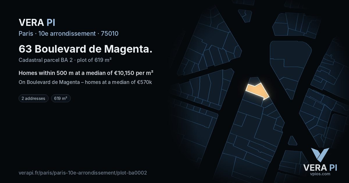 63 Boulevard de Magenta, 10e arrondissement at night – the plot lit, the parcels around coloured by the prices near them