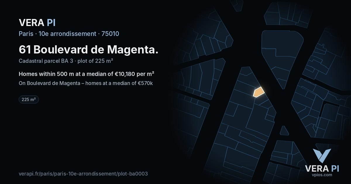 61 Boulevard de Magenta, 10e arrondissement at night – the plot lit, the parcels around coloured by the prices near them