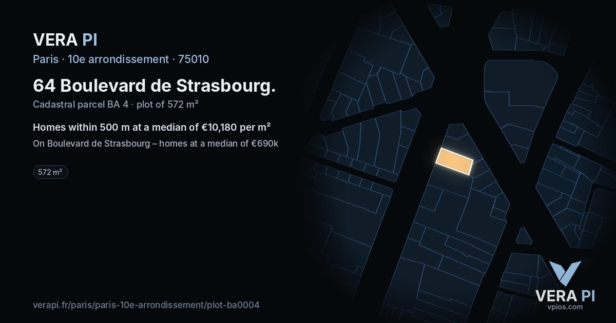 64 Boulevard de Strasbourg, 10e arrondissement at night – the plot lit, the parcels around coloured by the prices near them
