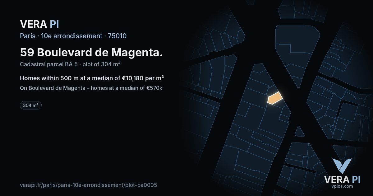 59 Boulevard de Magenta, 10e arrondissement at night – the plot lit, the parcels around coloured by the prices near them