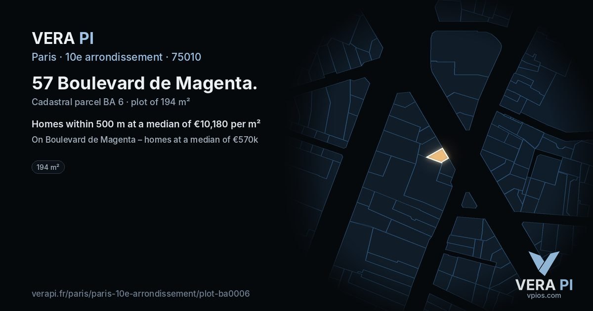 57 Boulevard de Magenta, 10e arrondissement at night – the plot lit, the parcels around coloured by the prices near them