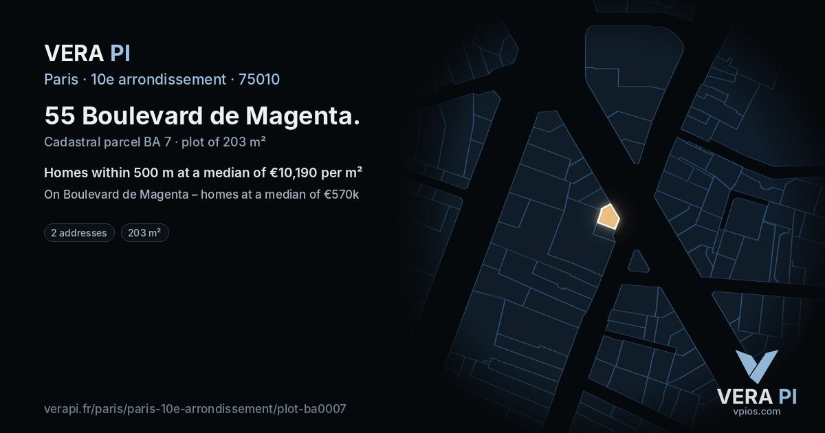 55 Boulevard de Magenta, 10e arrondissement at night – the plot lit, the parcels around coloured by the prices near them