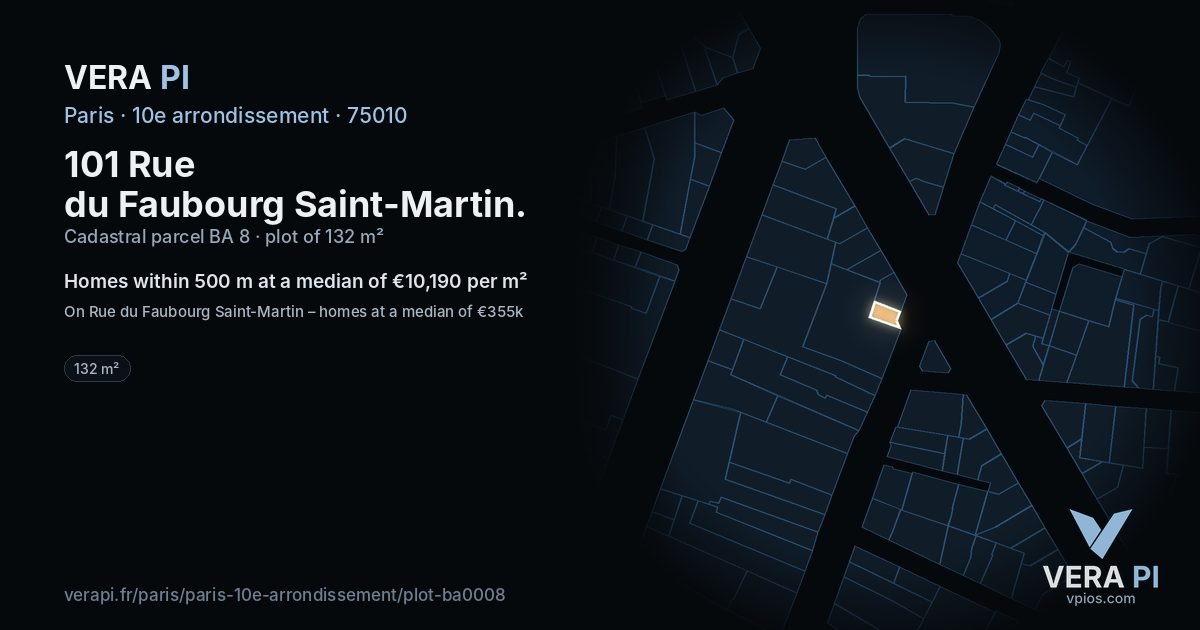 101 Rue du Faubourg Saint-Martin, 10e arrondissement at night – the plot lit, the parcels around coloured by the prices near them