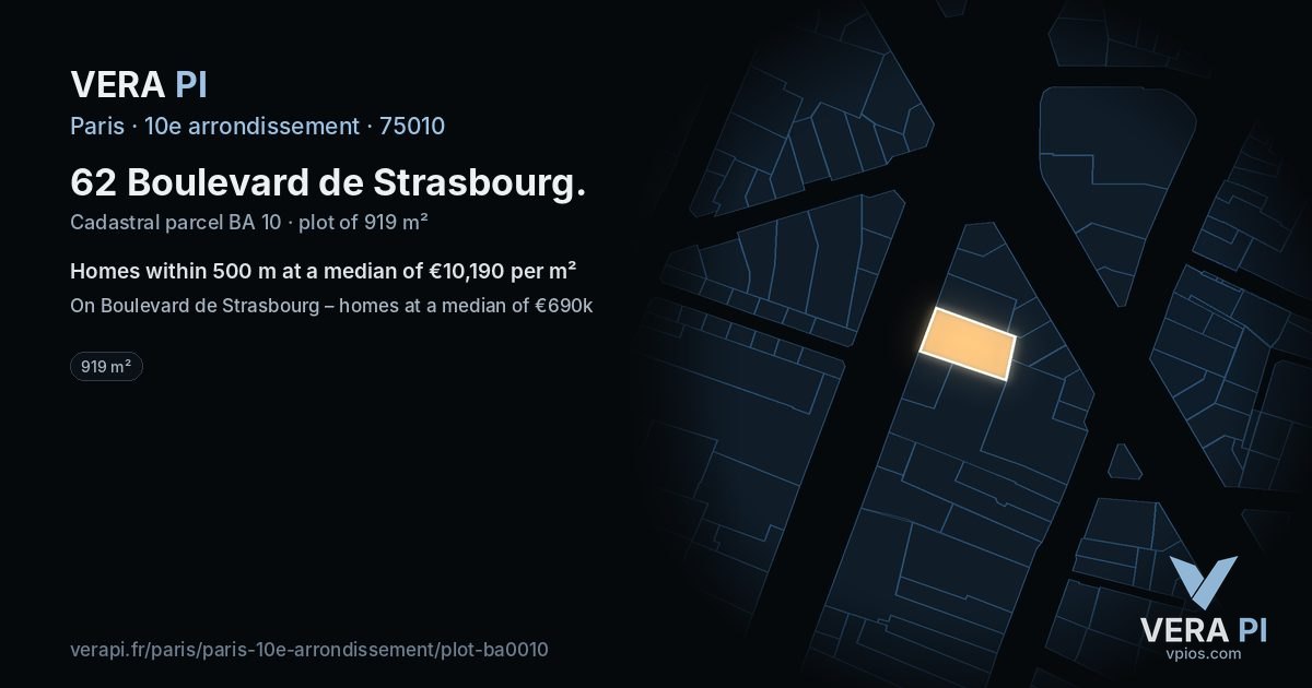 62 Boulevard de Strasbourg, 10e arrondissement at night – the plot lit, the parcels around coloured by the prices near them