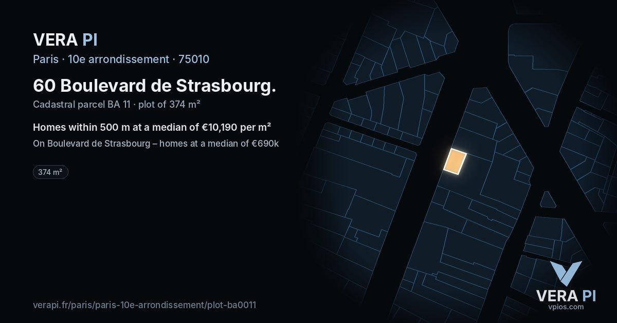 60 Boulevard de Strasbourg, 10e arrondissement at night – the plot lit, the parcels around coloured by the prices near them