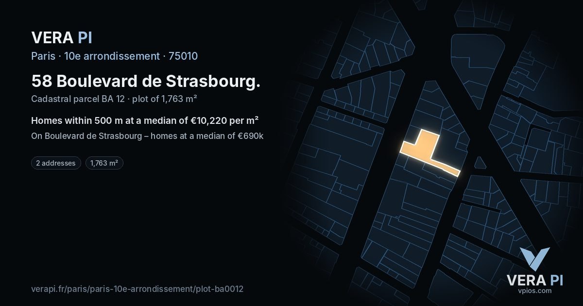58 Boulevard de Strasbourg, 10e arrondissement at night – the plot lit, the parcels around coloured by the prices near them