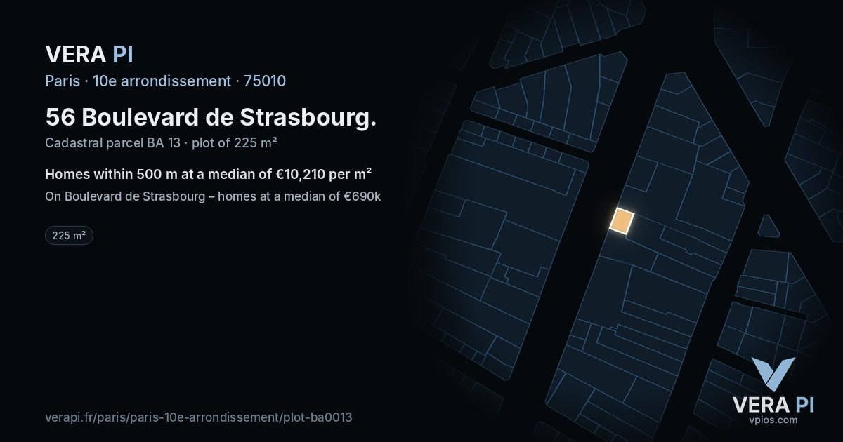 56 Boulevard de Strasbourg, 10e arrondissement at night – the plot lit, the parcels around coloured by the prices near them