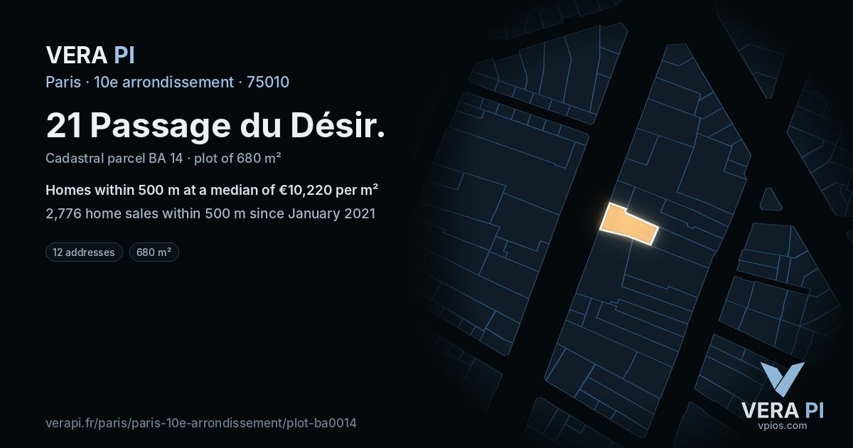 21 Passage du Désir, 10e arrondissement at night – the plot lit, the parcels around coloured by the prices near them
