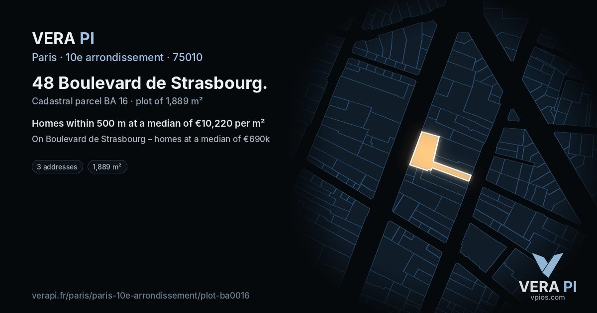 48 Boulevard de Strasbourg, 10e arrondissement at night – the plot lit, the parcels around coloured by the prices near them