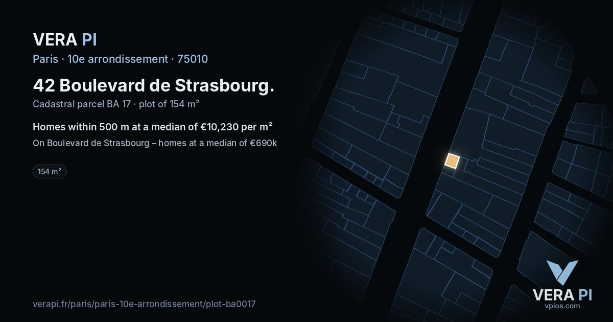 42 Boulevard de Strasbourg, 10e arrondissement at night – the plot lit, the parcels around coloured by the prices near them