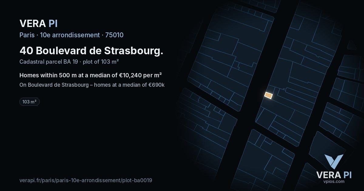 40 Boulevard de Strasbourg, 10e arrondissement at night – the plot lit, the parcels around coloured by the prices near them