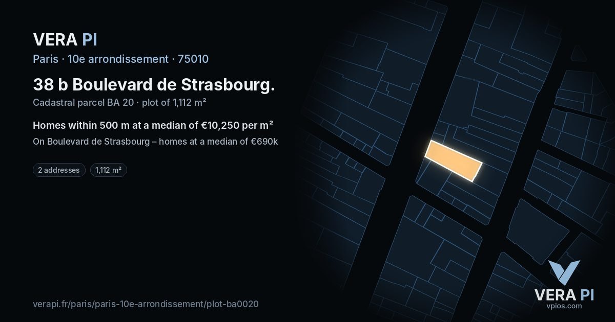 38 b Boulevard de Strasbourg, 10e arrondissement at night – the plot lit, the parcels around coloured by the prices near them