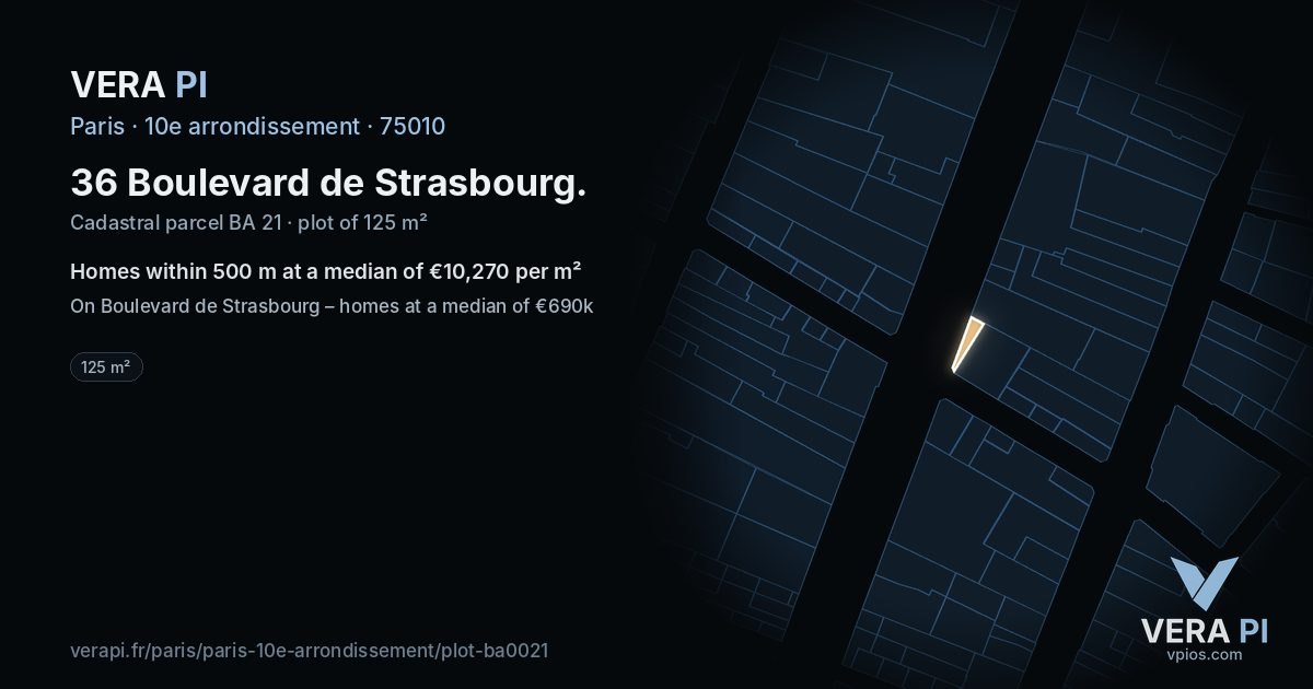 36 Boulevard de Strasbourg, 10e arrondissement at night – the plot lit, the parcels around coloured by the prices near them