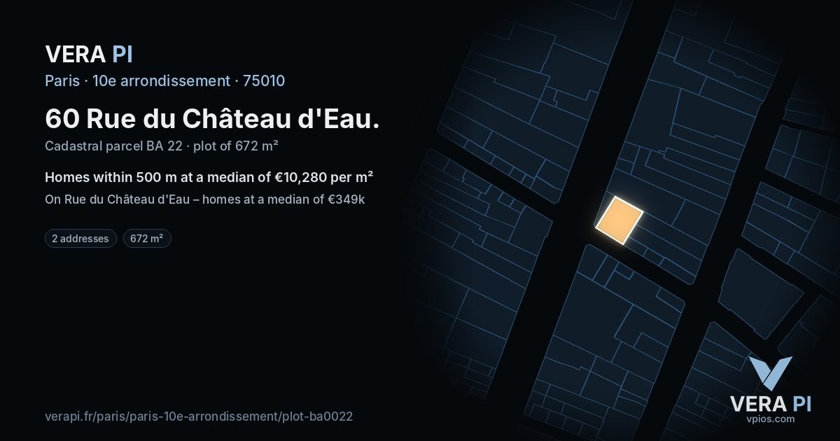 60 Rue du Château d'Eau, 10e arrondissement at night – the plot lit, the parcels around coloured by the prices near them