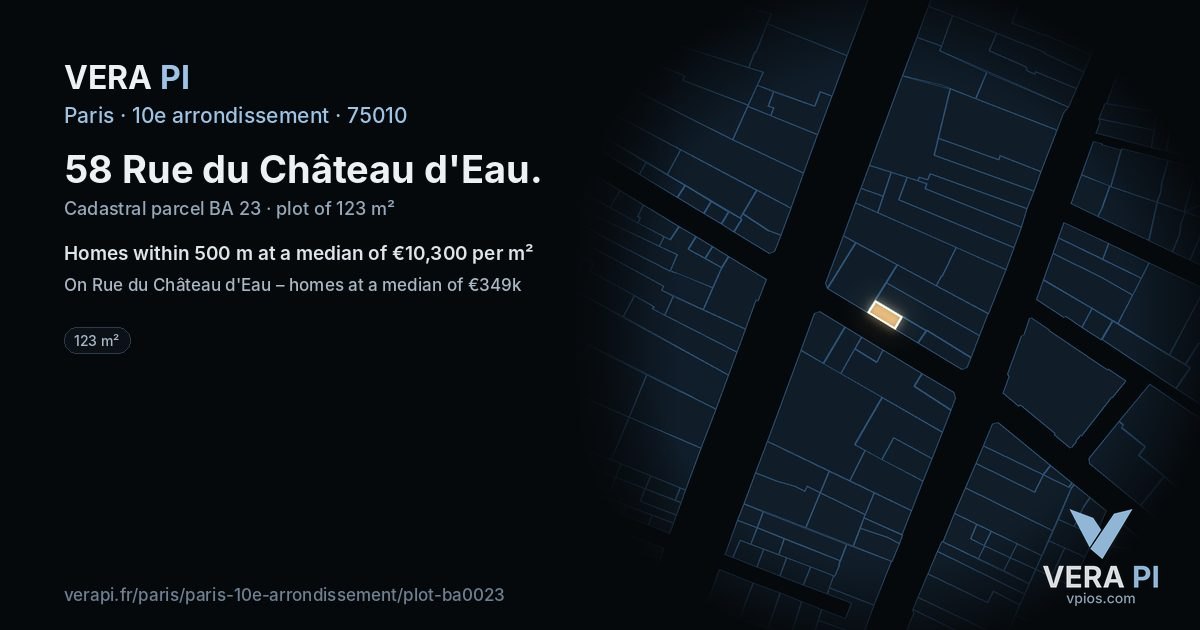 58 Rue du Château d'Eau, 10e arrondissement at night – the plot lit, the parcels around coloured by the prices near them