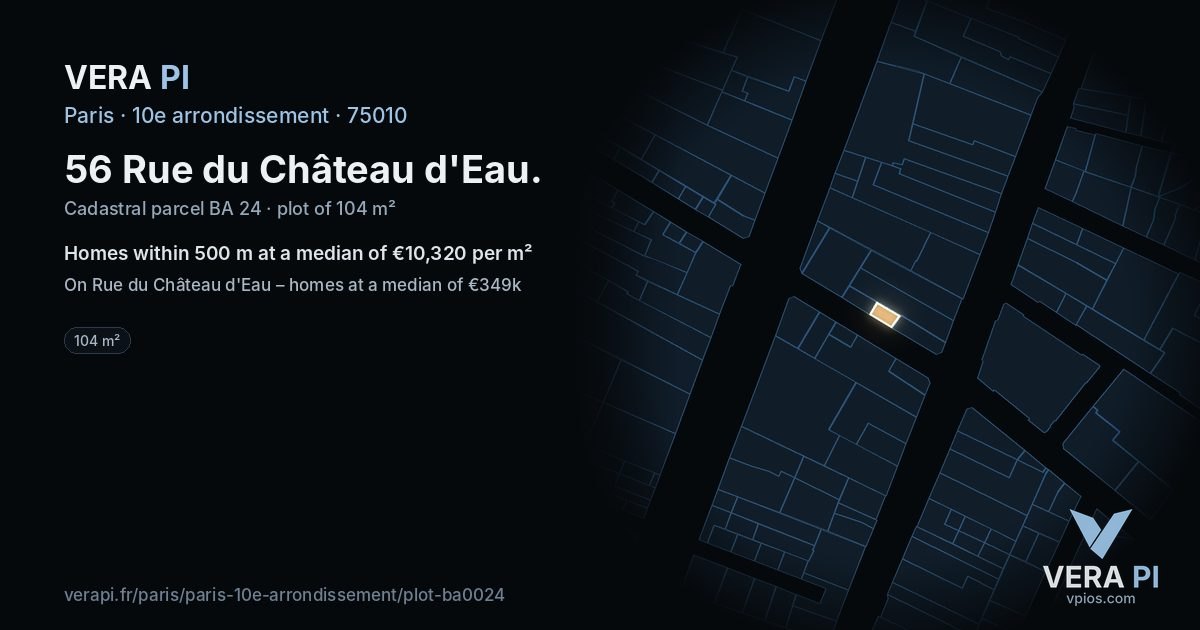 56 Rue du Château d'Eau, 10e arrondissement at night – the plot lit, the parcels around coloured by the prices near them