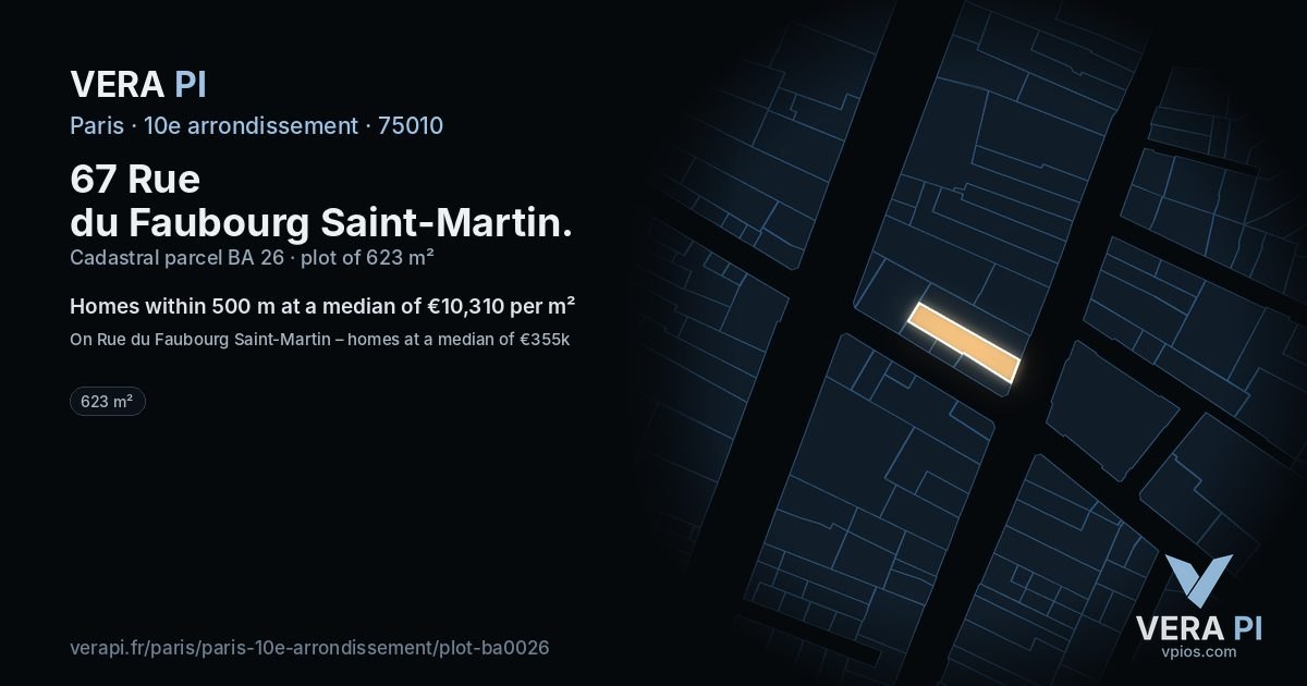67 Rue du Faubourg Saint-Martin, 10e arrondissement at night – the plot lit, the parcels around coloured by the prices near them