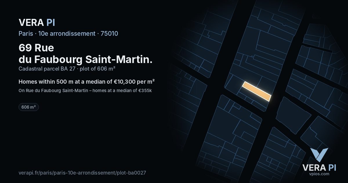 69 Rue du Faubourg Saint-Martin, 10e arrondissement at night – the plot lit, the parcels around coloured by the prices near them