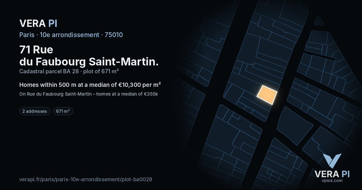 71 Rue du Faubourg Saint-Martin, 10e arrondissement at night – the plot lit, the parcels around coloured by the prices near them