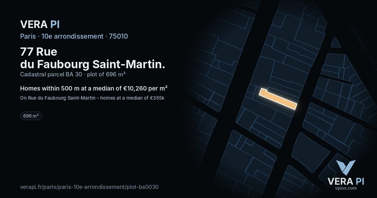77 Rue du Faubourg Saint-Martin, 10e arrondissement at night – the plot lit, the parcels around coloured by the prices near them