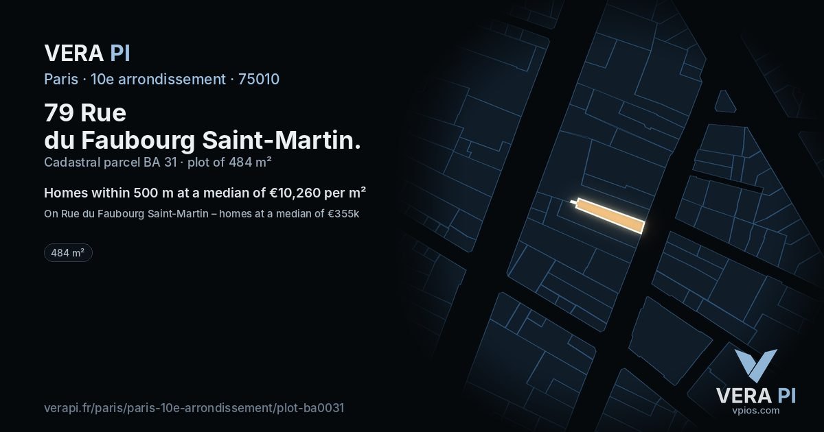 79 Rue du Faubourg Saint-Martin, 10e arrondissement at night – the plot lit, the parcels around coloured by the prices near them